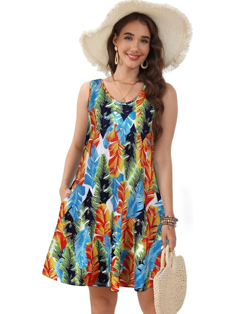 Women's Multicolor Feather Casual Sleeveless Loose Shirt V Neck Swing Mini Dress - Picture 2 of 6